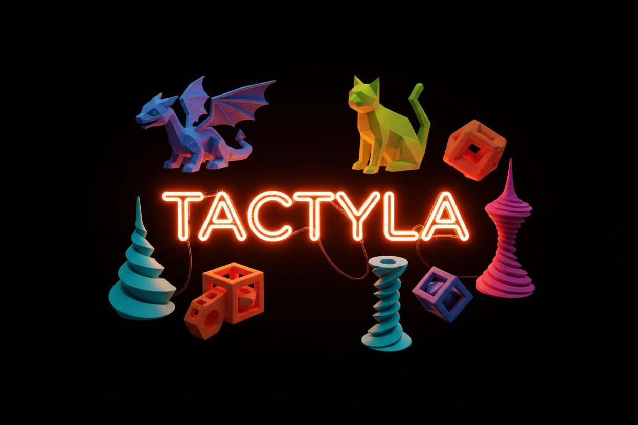 turuncu neon ile arka plan siyah olsun TACTYLA yazsın etrafında oyuncak dekor 3d ile üretilen ürünler olsun